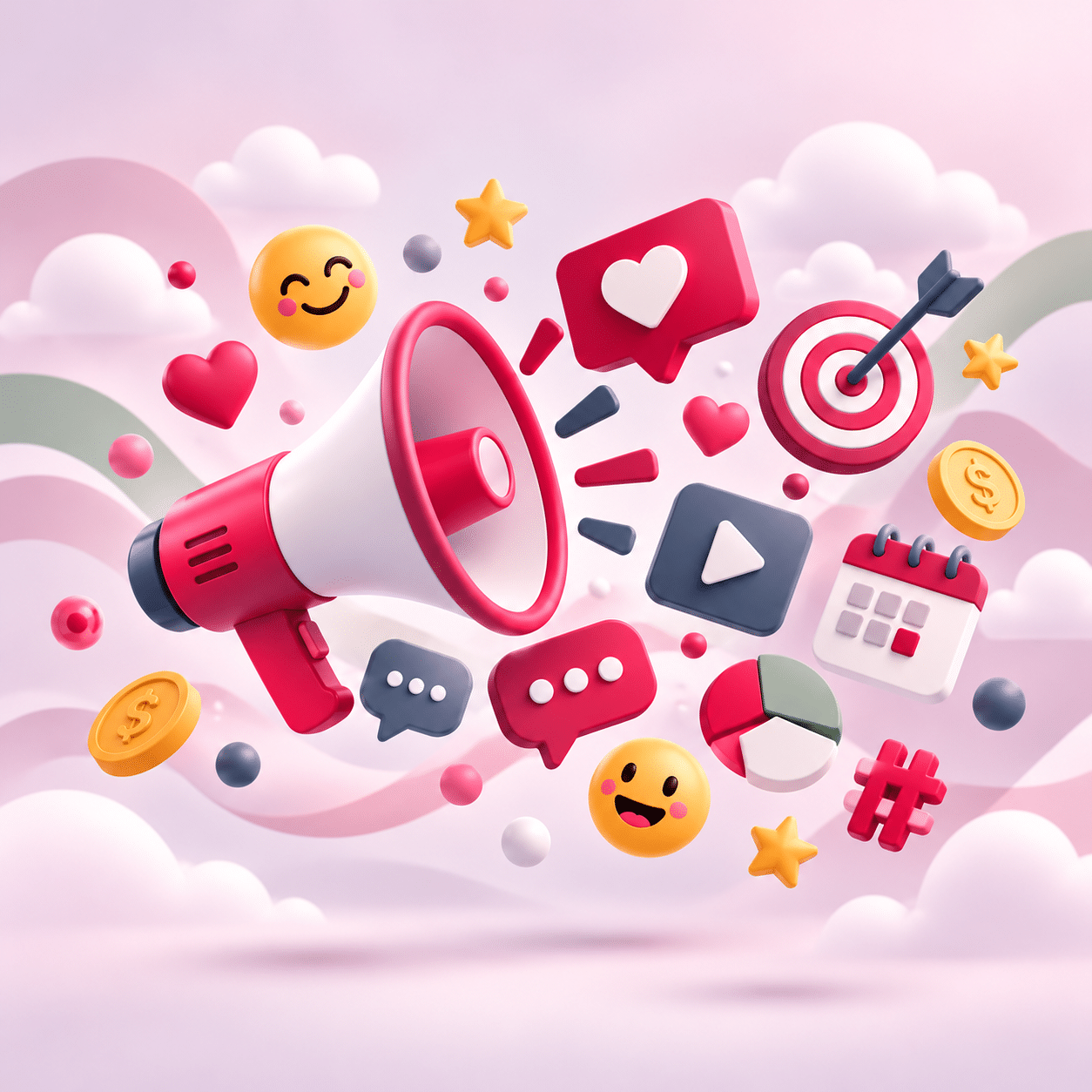 Square social media illustration with a megaphone, emojis, hearts, comments and a target in Vorevo pink and sage tones